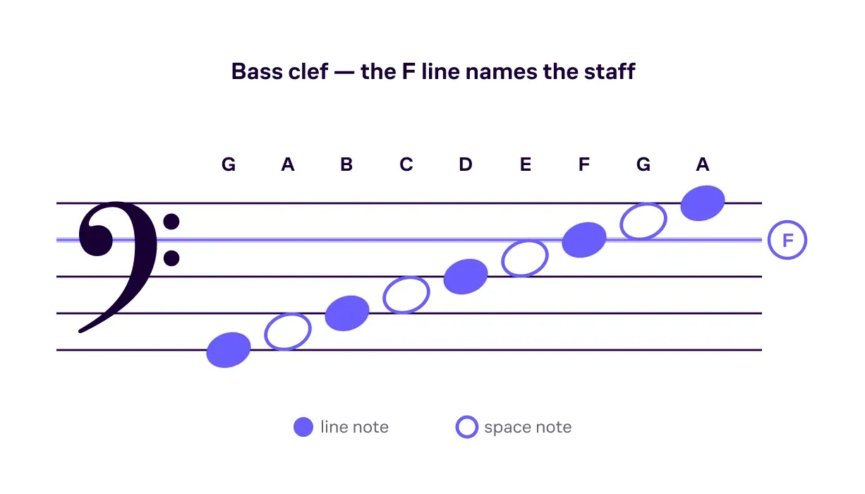 A five-line bass-clef staff with every line note (G, B, D, F, A) and space note (A, C, E, G) labeled, and the clef’s two dots straddling the F line.