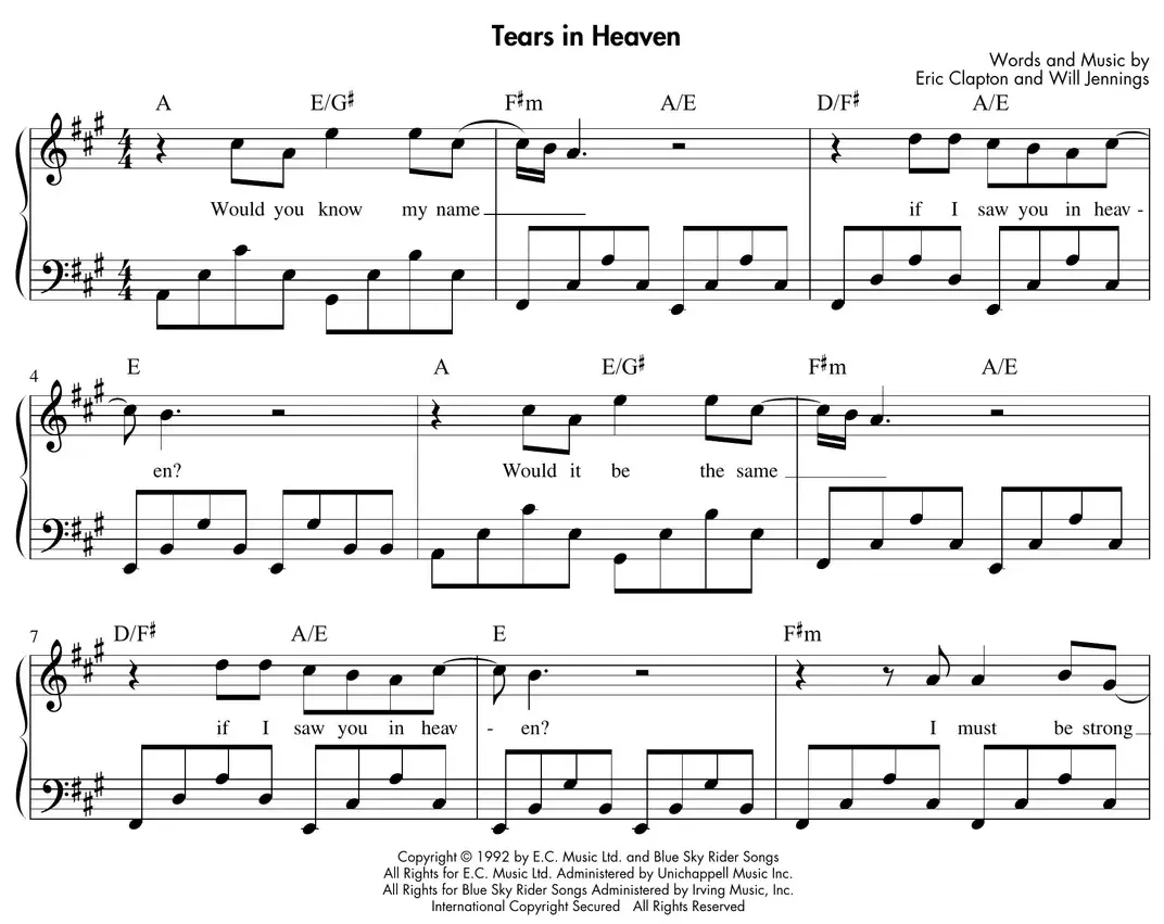 Sheet music: "Tears in Heaven" (Eric Clapton) melody with left-hand open arpeggios