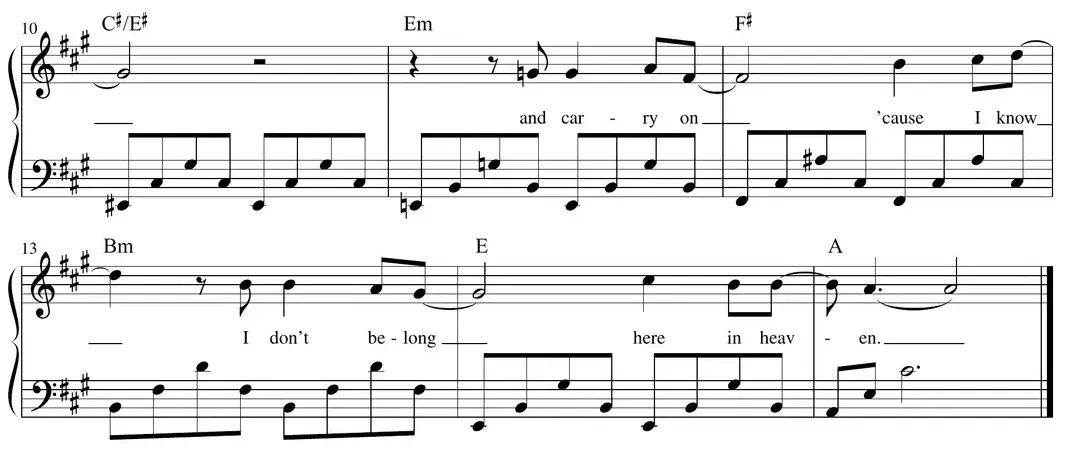 Sheet music: continuation of "Tears in Heaven" melody with open arpeggios