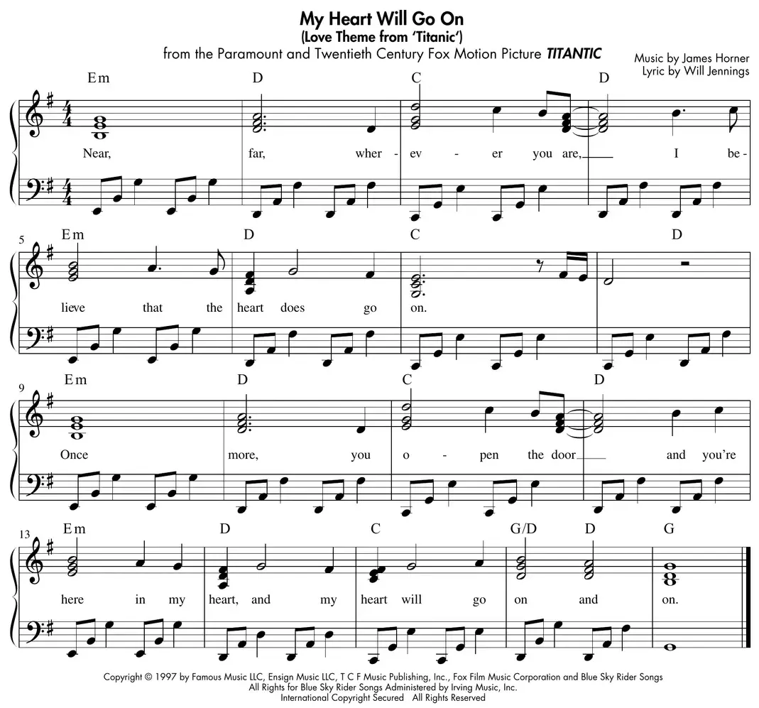 Sheet music: "My Heart Will Go On" with triads completed below the melody