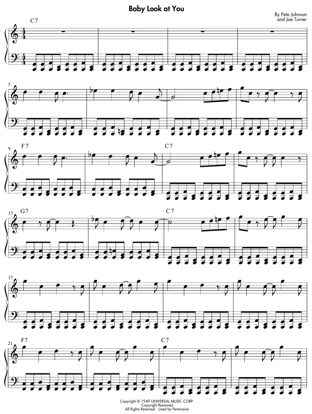 Sheet music: "Baby Look at You," a boogie-woogie 12-bar blues with left-hand dyads