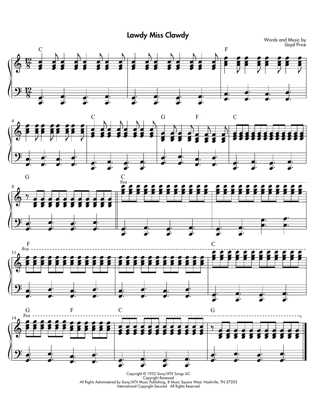 Sheet music: "Lawdy Miss Clawdy" (Little Richard) shuffle-rhythm rock 'n' roll comping