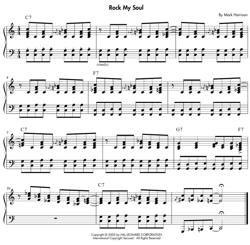 Sheet music: "Rock My Soul," a soulful rock 'n' roll groove with Mixolydian figures