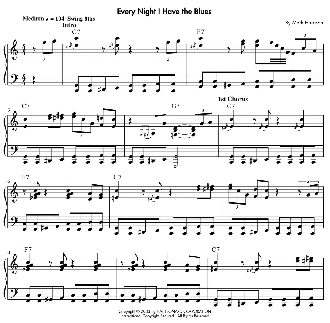 Sheet music: "Every Night I Have the Blues," Memphis Slim-style Chicago blues