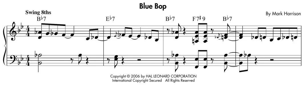 Sheet music: "Blue Bop," a Thelonious Monk-style bebop blues
