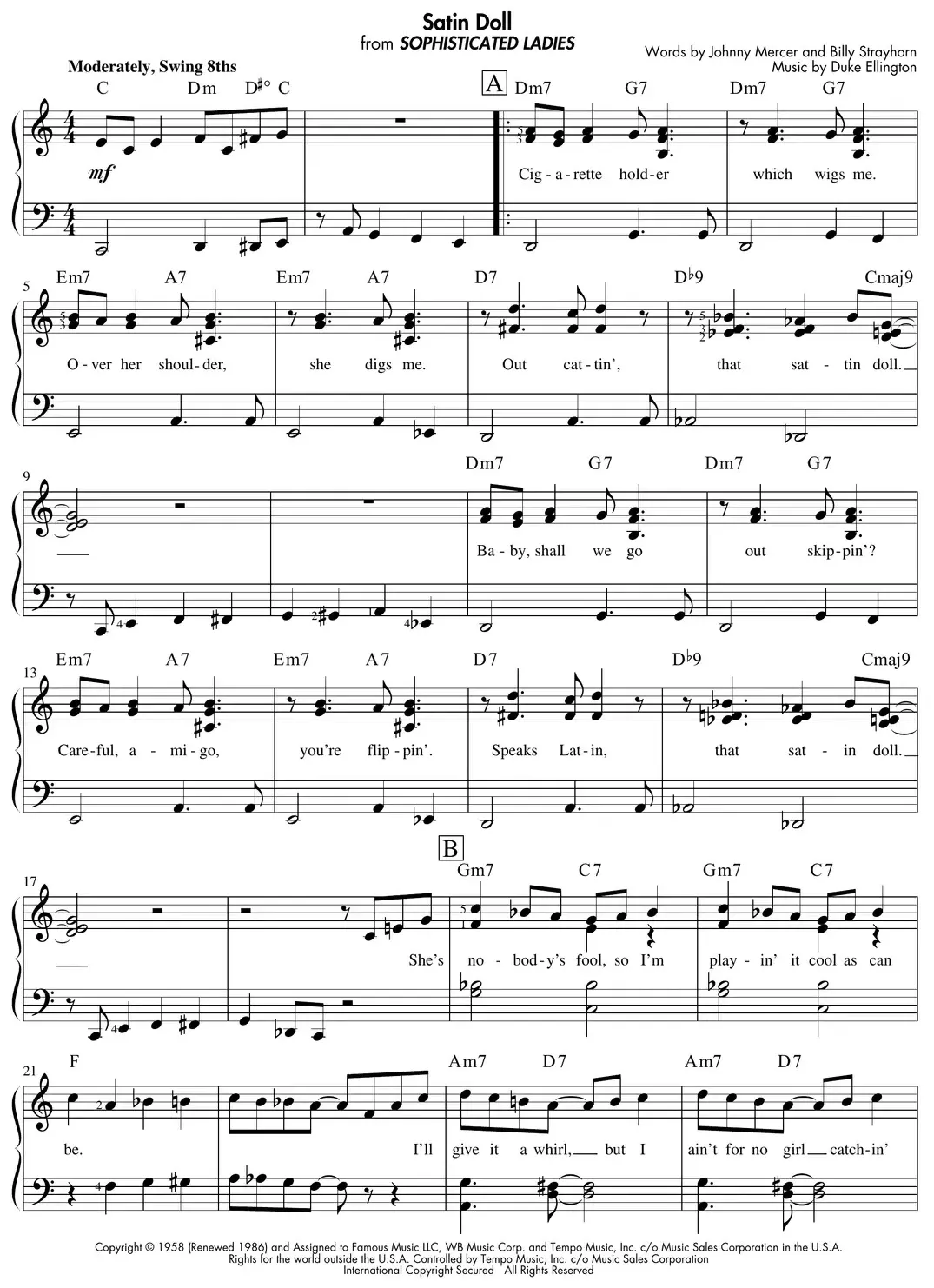 Sheet music: "Satin Doll" (Ellington/Mercer/Strayhorn) jazz standard in swing style