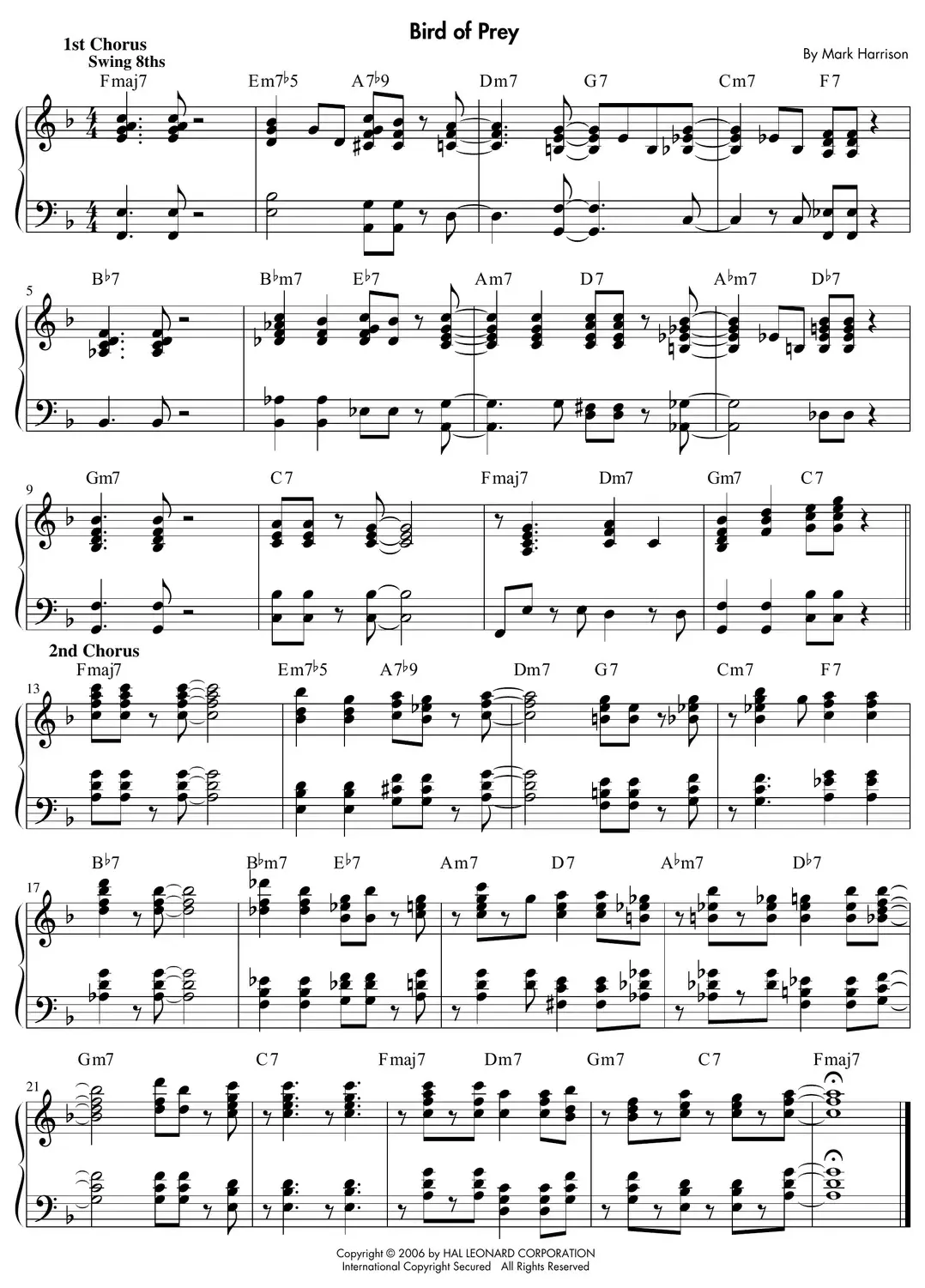 Sheet music: "Bird of Prey," a bebop comping example with colorful chord substitutions
