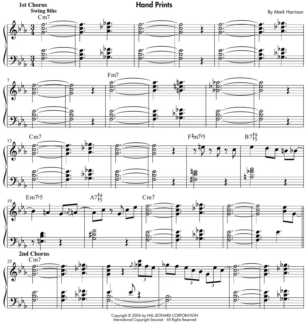 Sheet music: "Hand Prints," a Bill Evans-style modern jazz-blues waltz