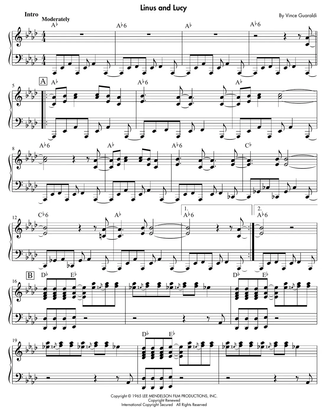 Sheet music: "Linus and Lucy" (Vince Guaraldi) with a driving left-hand part