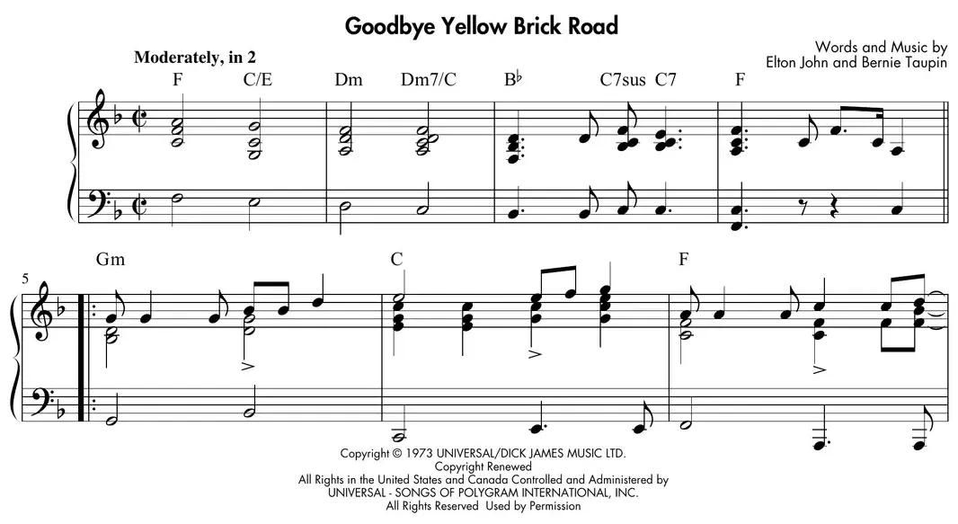 Sheet music: "Goodbye Yellow Brick Road" (Elton John) pop/rock ballad with accented chords