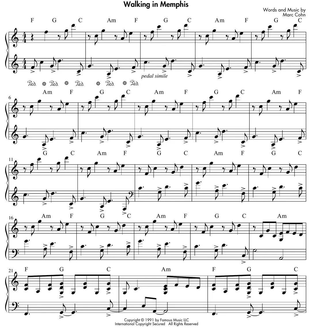 Sheet music: "Walking in Memphis" (Marc Cohn) arpeggios spread between both hands
