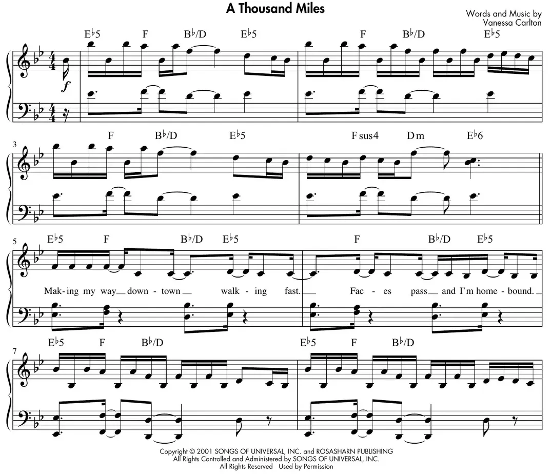 Sheet music: "A Thousand Miles" (Vanessa Carlton) melody over root-5th and root-3rd intervals