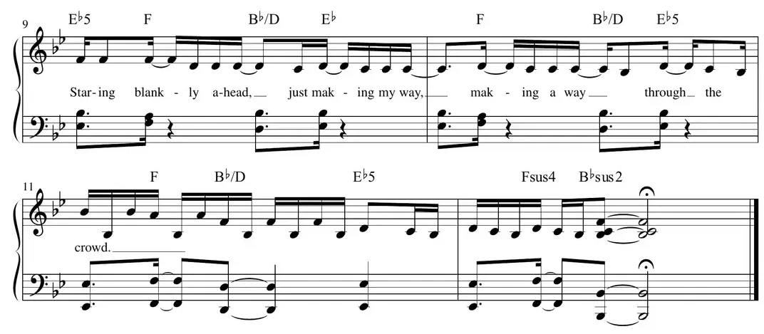 Sheet music: "A Thousand Miles" (Vanessa Carlton) syncopated pop/rock piano part