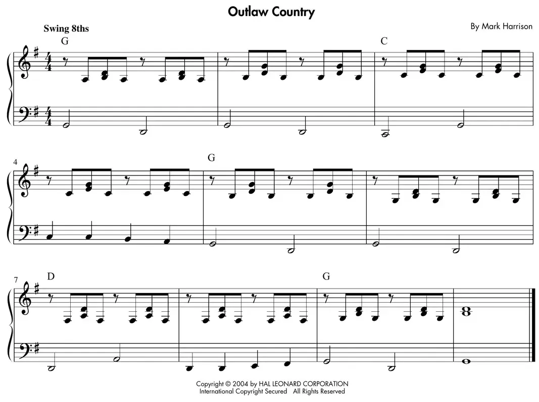 Sheet music: "Outlaw Country" comping with alternating triads and left-hand walkups