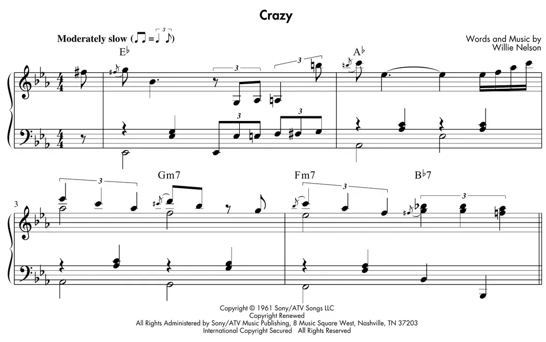 Sheet music: "Crazy" (Patsy Cline) intro with bluesy grace notes and stride left hand