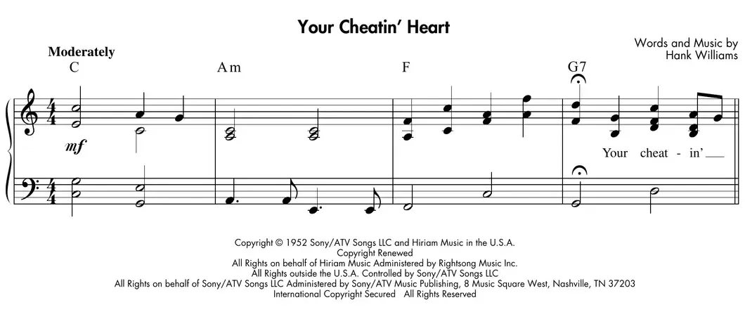 Sheet music: "Your Cheatin' Heart" (Hank Williams) melody arrangement with chords and arpeggios
