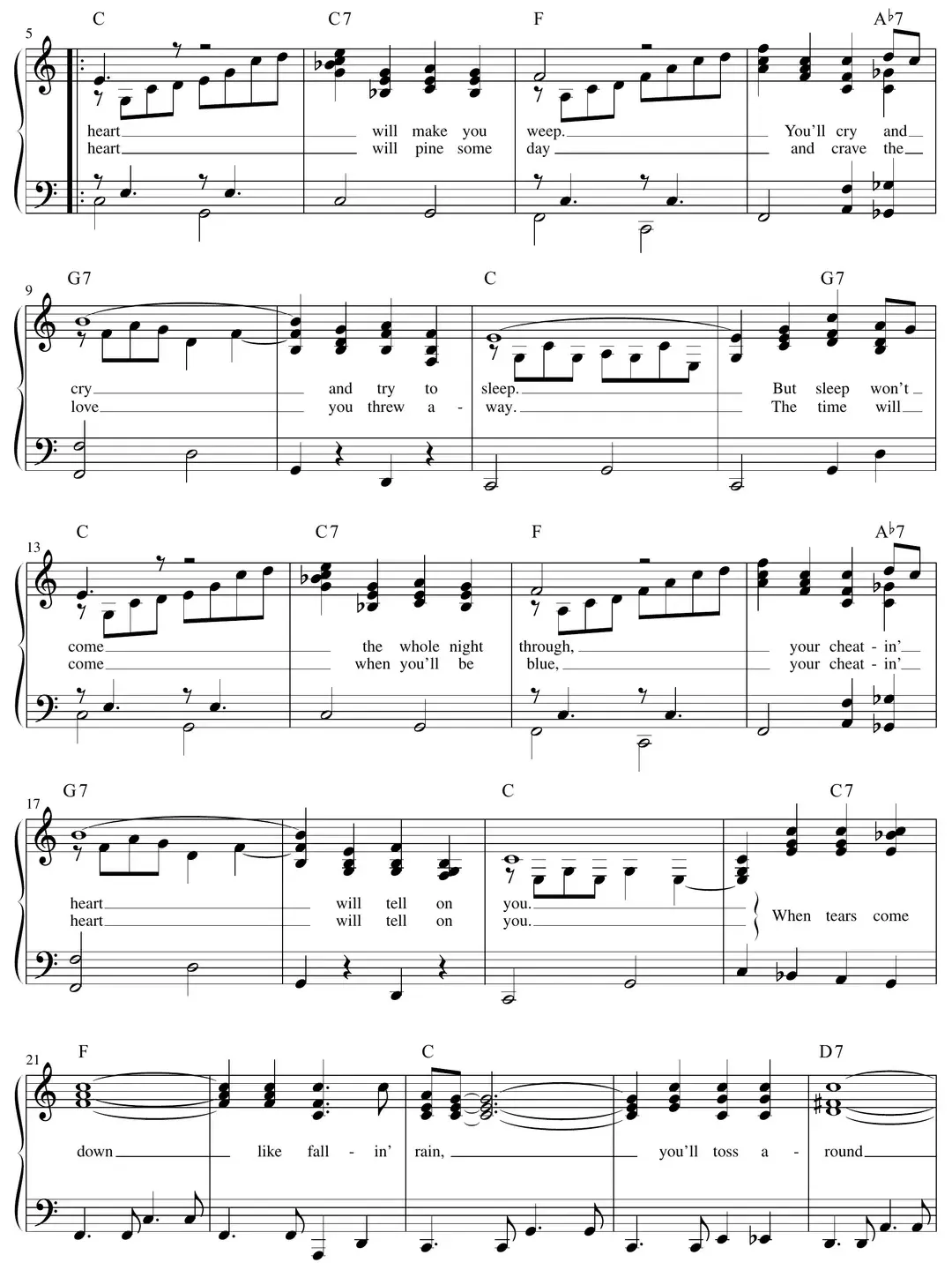 Sheet music: "Your Cheatin' Heart" (Hank Williams) root-and-5th left hand under melody