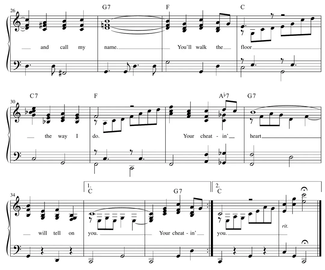 Sheet music: "Your Cheatin' Heart" (Hank Williams) mainstream country melody arrangement