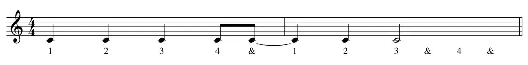 Sheet music: eighth-note rhythm with a C tied across the bar line lasting one-and-a-half beats