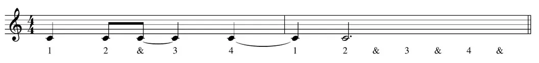 Sheet music: rhythm example with tied notes on the "and" of 2 and on beat 4