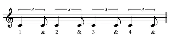 Sheet music: triplet rhythm played only on the first and third parts of each beat
