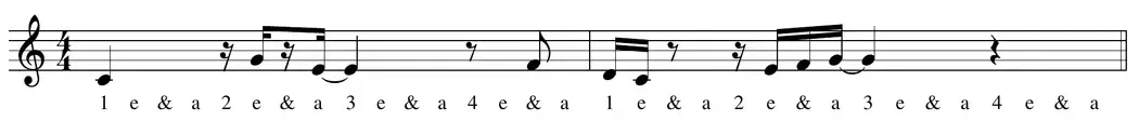 Sheet music: melody combining quarter, eighth, and sixteenth notes with their rests