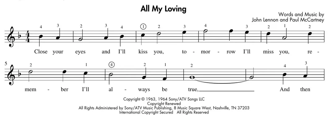 Sheet music: "All My Loving" (Beatles) with circled fingerings for thumb turns and crossings