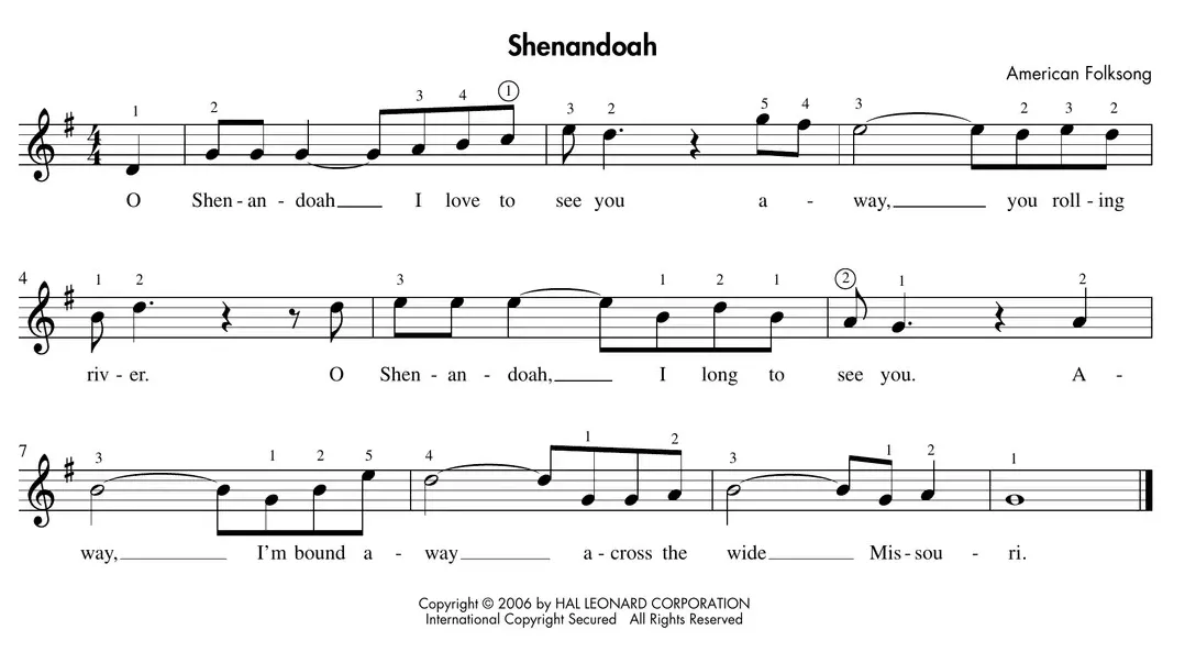 Sheet music: "Shenandoah" folk tune requiring hand-position changes
