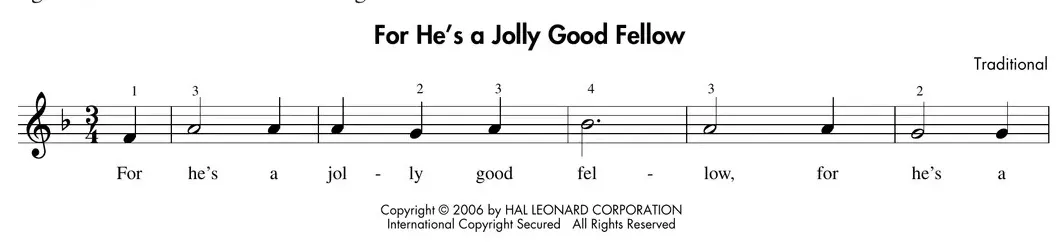 Sheet music: "For He's a Jolly Good Fellow" in 3/4 time, extended F position