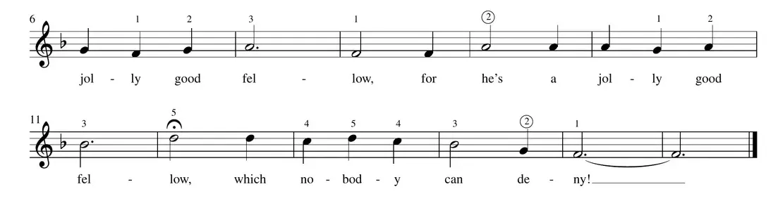 Sheet music: "For He's a Jolly Good Fellow" continued, with fermata in measure 12
