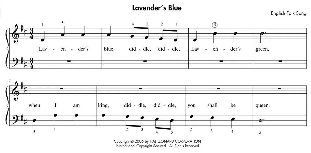 Sheet music: "Lavender's Blue" in D major, 3/4 time, using D position
