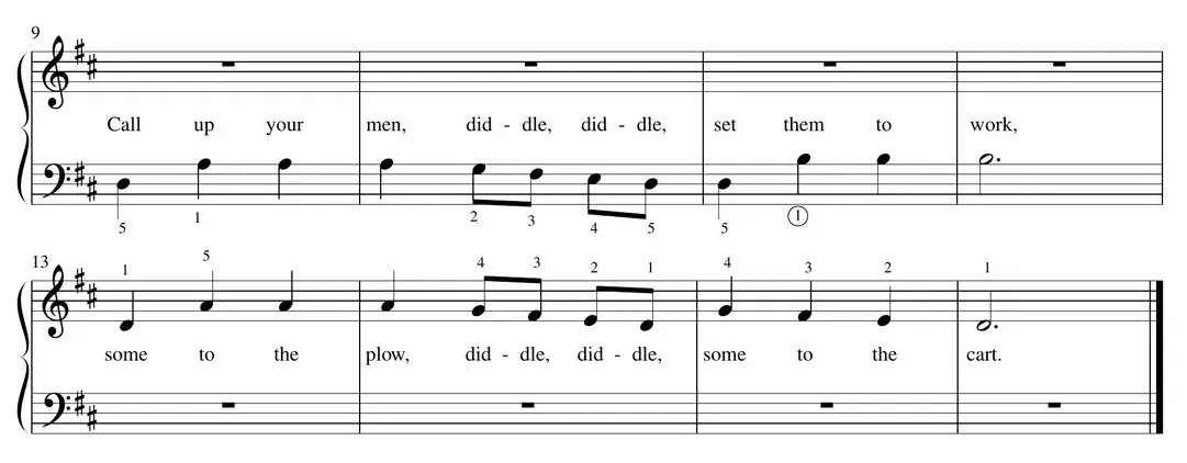 Sheet music: "Lavender's Blue" continued, hands alternating between right and left