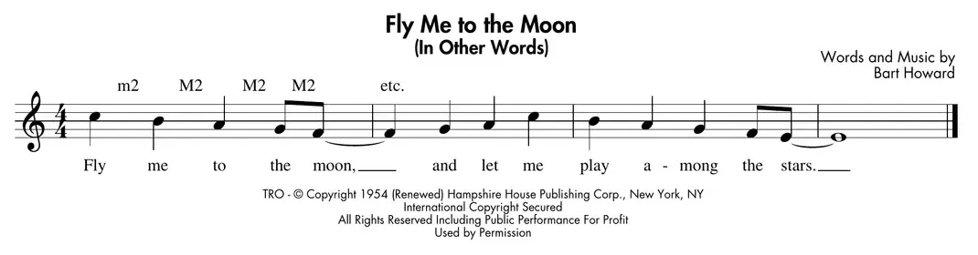 Sheet music: melody excerpt with major and minor 2nds marked above the staff