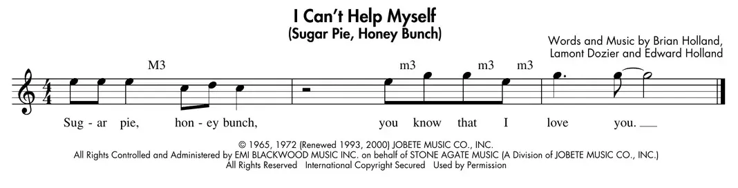 Sheet music: "I Can't Help Myself" (Four Tops) excerpt showing major and minor 3rds