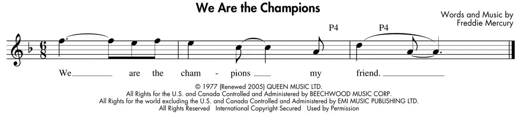 Sheet music: "We Are the Champions" (Queen) excerpt using perfect 4th intervals