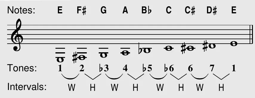 E whole-half diminished scale: notes, tones, and intervals shown on the staff
