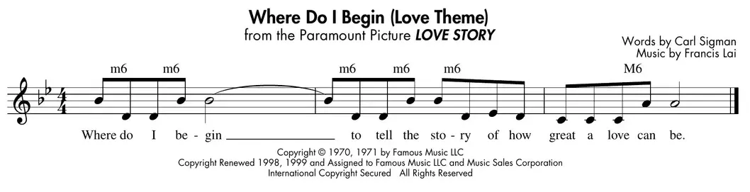 Sheet music: "Where Do I Begin" (Love Story theme) excerpt with major and minor 6ths