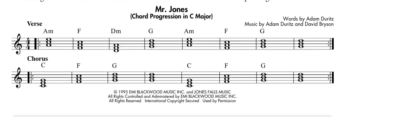 Sheet music: "Mr. Jones" (Counting Crows) triad progression with repeat signs