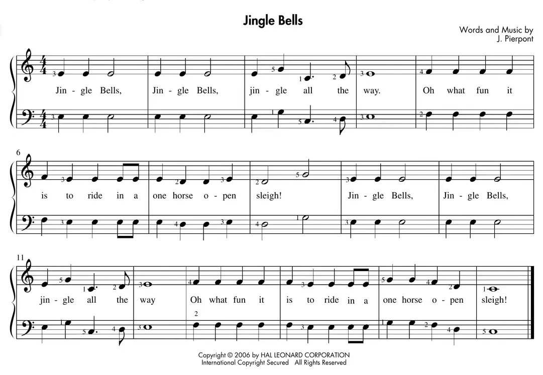 Sheet music: "Jingle Bells" with the melody doubled in both hands in C Position