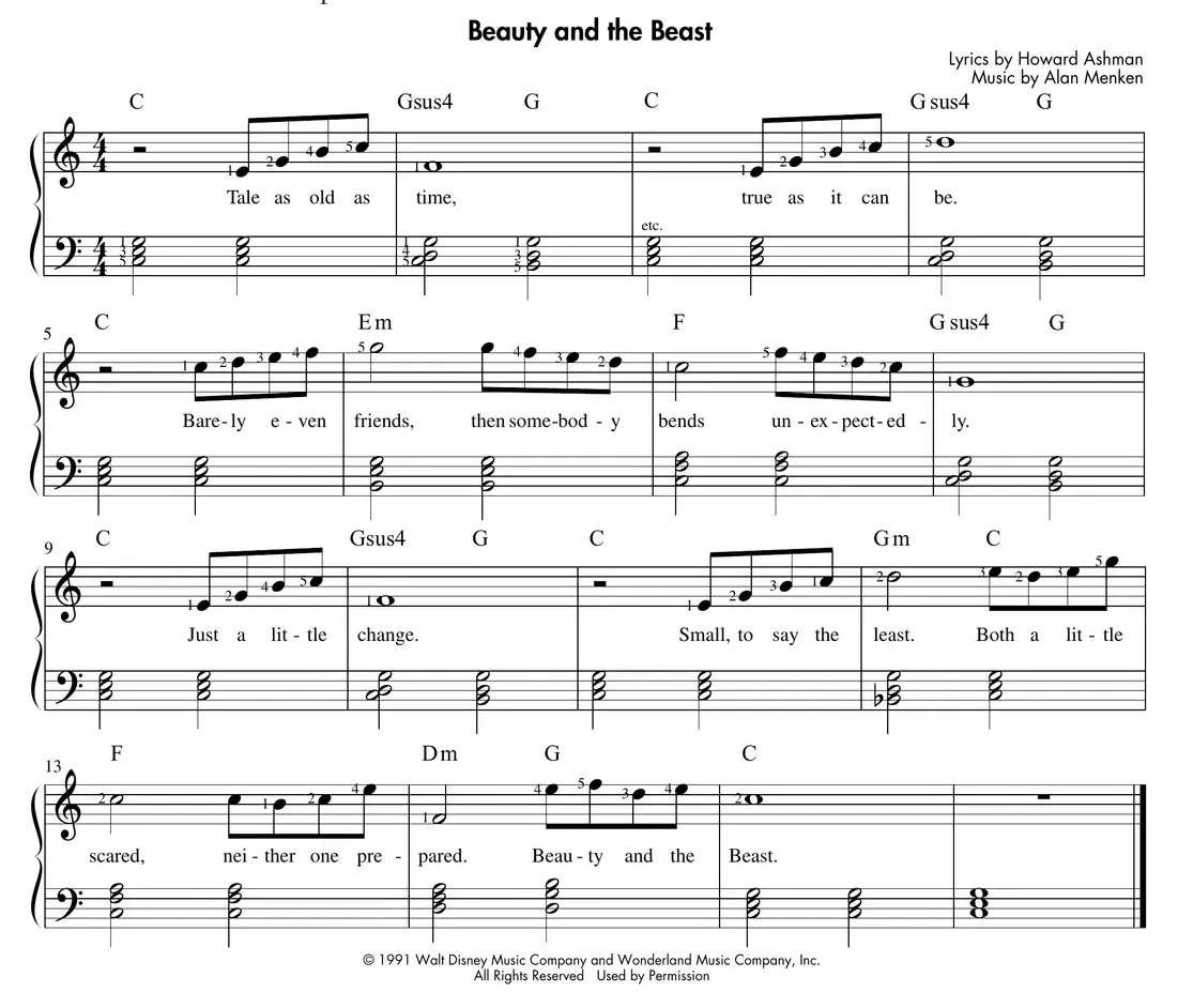 Sheet music: "Beauty and the Beast" with inverted left-hand chords for smoother voice leading