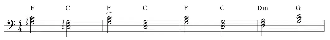 Sheet music: left-hand triad progression in root position, sounding disjointed