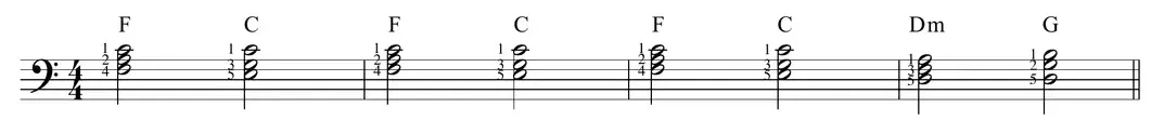 Sheet music: same left-hand triad progression with inversions and voice leading