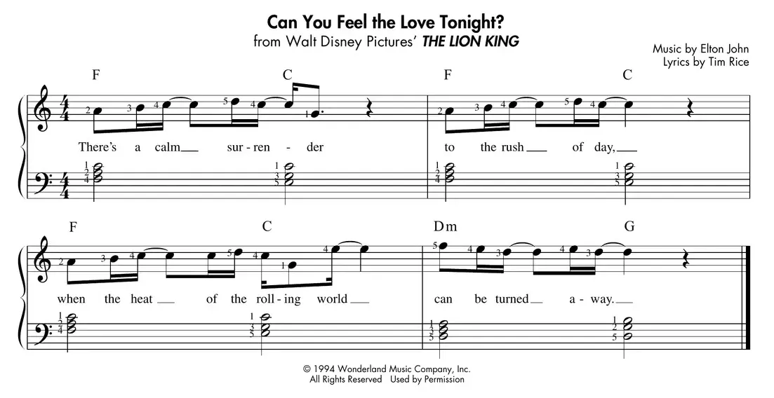 Sheet music: "Can You Feel the Love Tonight" (Elton John) harmonized with inverted left-hand triads
