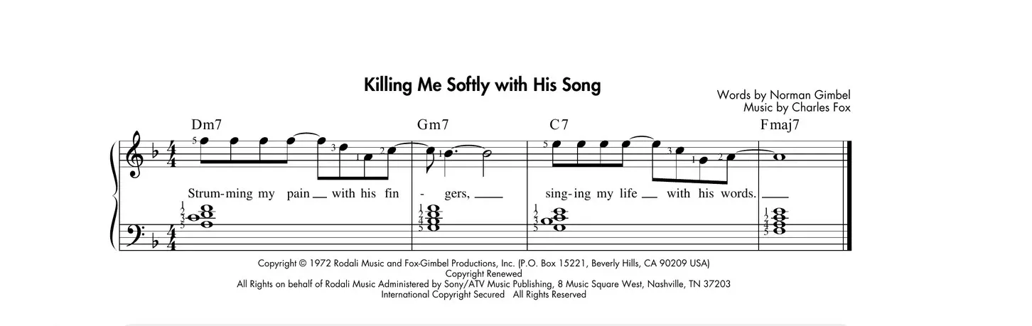 Sheet music: "Killing Me Softly with His Song" harmonized with inverted four-part chords