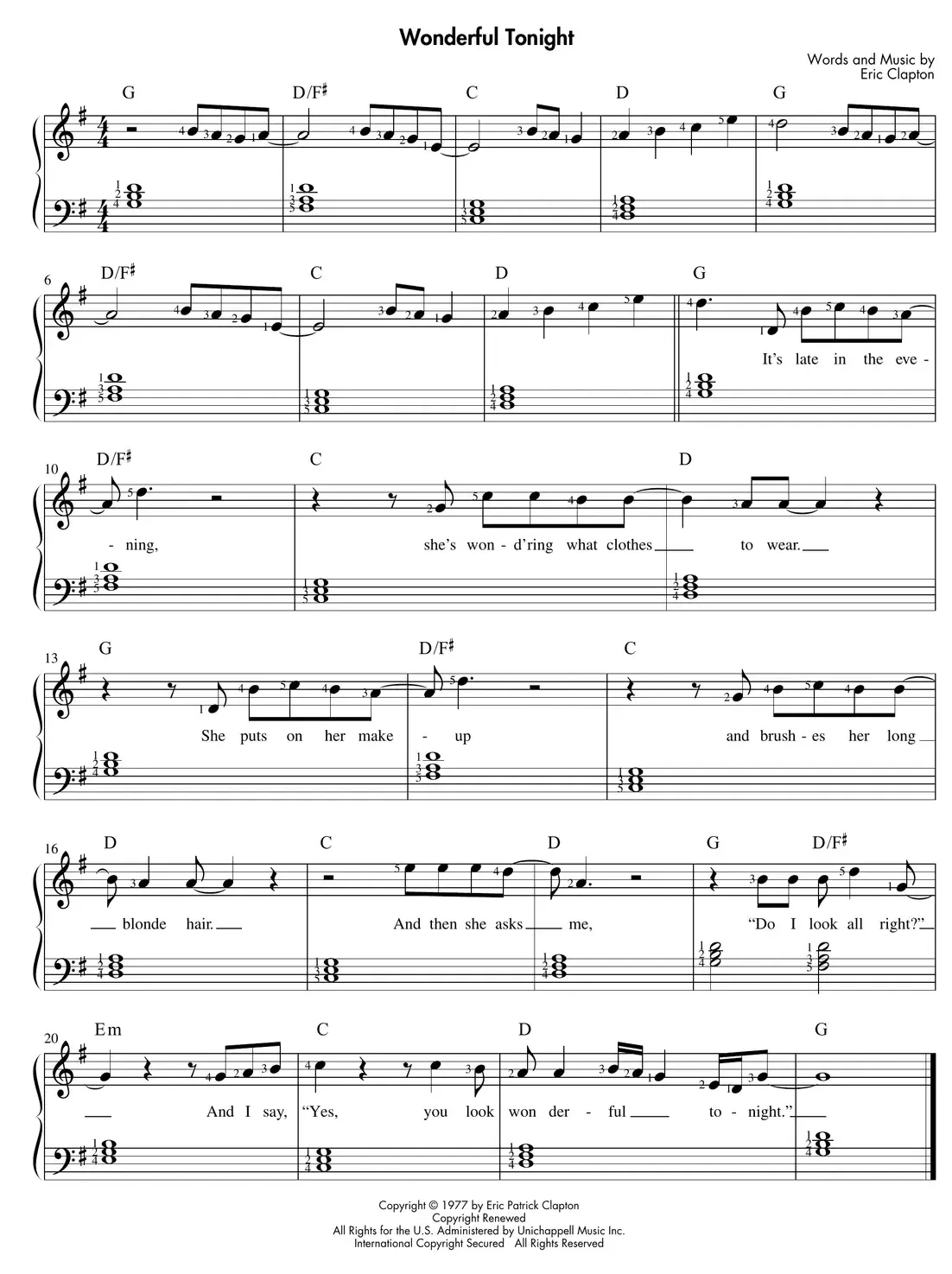 Sheet music: "Wonderful Tonight" melody with left-hand triads