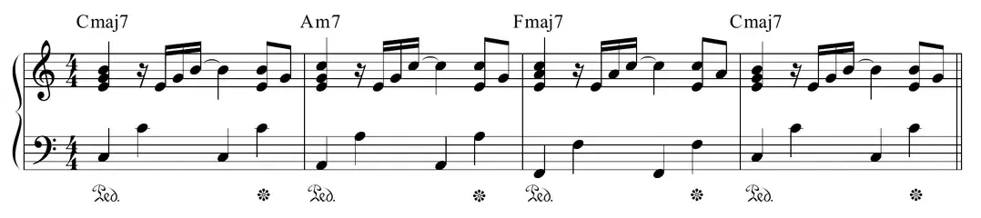 Sheet music: Stage 2 R&B ballad rhythmic pattern on the voicings