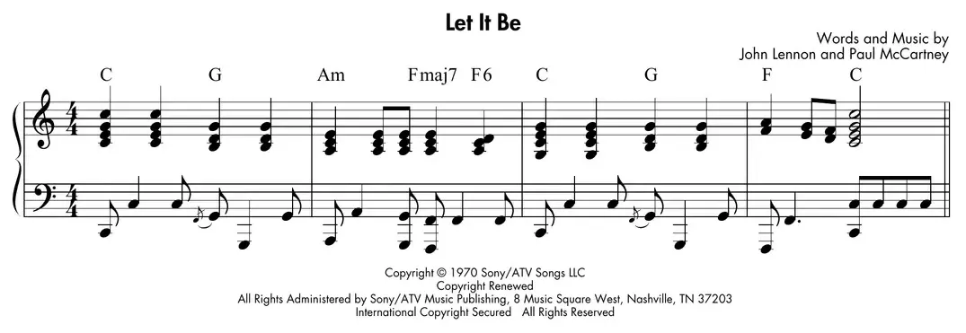 Sheet music: "Let It Be" (Beatles) piano comping pattern with octave-doubled triads