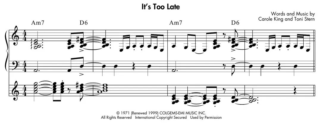 Sheet music: "It's Too Late" (Carole King) acoustic and electric piano comping parts