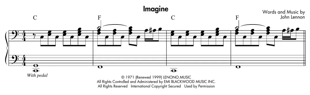 Sheet music: "Imagine" (John Lennon) comping pattern notated on two bass-clef staves