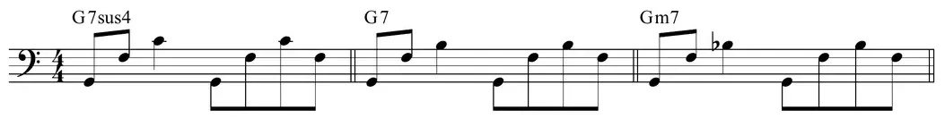 Sheet music: open arpeggios for G7sus, G7, and Gm7 four-part chords